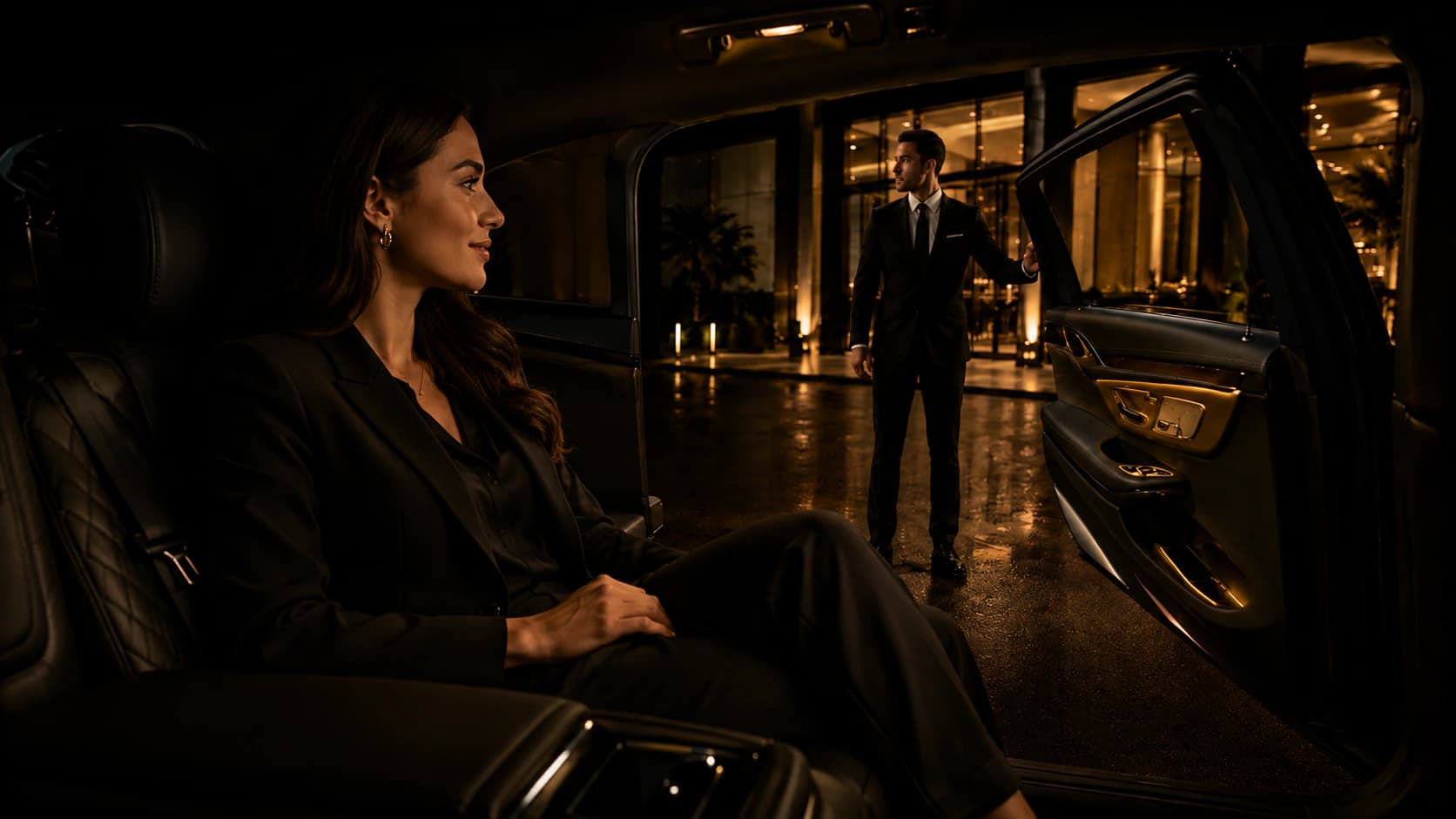 A Dulles Car Service chauffeur opening the rear door of a black luxury SUV for a corporate traveler.